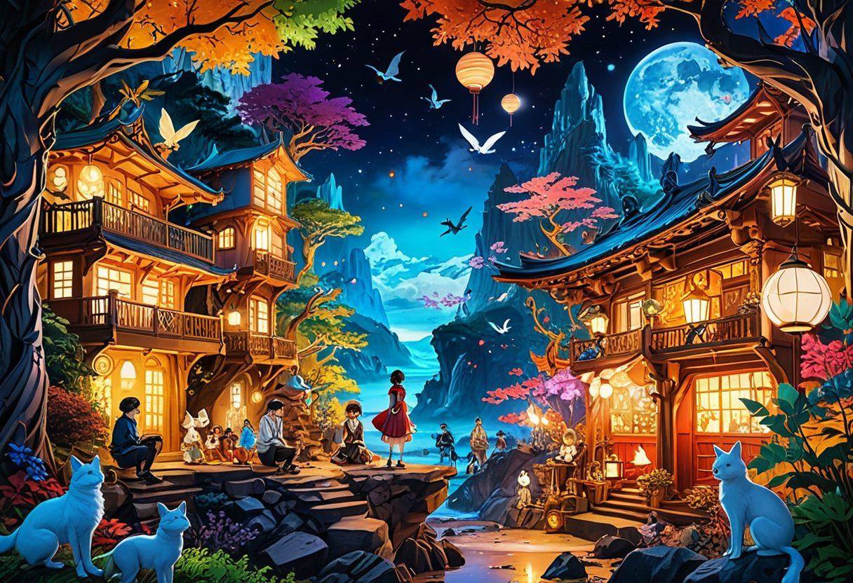 A captivating collage of alluring adult anime characters in dynamic poses, surrounded by a variety of unique merchandise like figurines and posters. The background features a whimsical fantasy landscape infused with vibrant, playful colors to evoke curiosity. Highlight contrasting styles like traditional anime and modern interpretations to showcase diversity. Soft glowing lights add an ethereal touch. vibrant colors. cartoon style. fantasy elements.