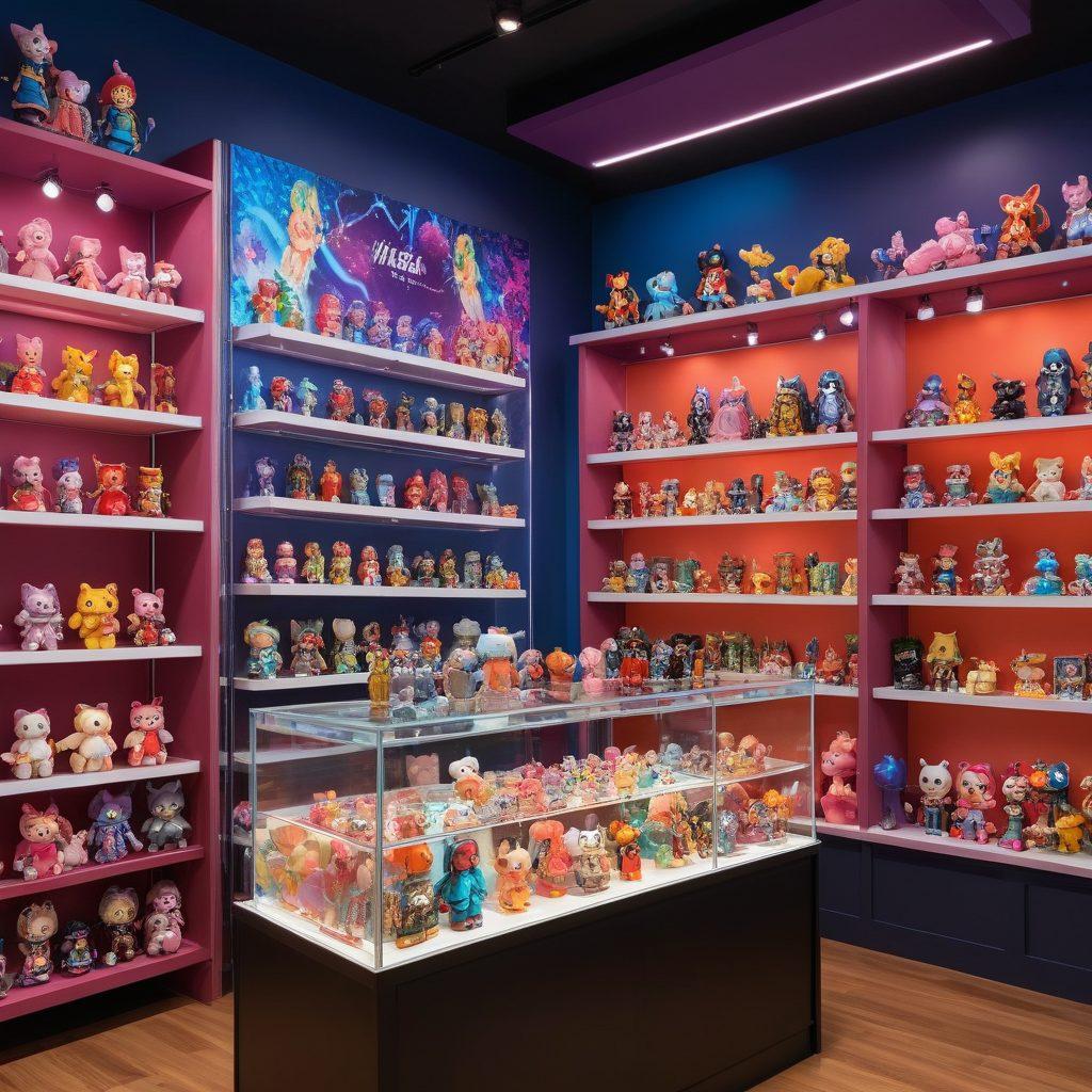 A vibrant and colorful display showcasing a variety of hentai merchandise, including intricately designed action figures, plush toys, and collectible manga. The background is a whimsical blend of anime-inspired colors with abstract patterns to enhance the theme. The products are arranged artistically on a glowing shelf to attract the viewer's attention. Incorporate playful elements like sparkles and floating hearts for a fun vibe. super-realistic. vibrant colors. anime style.