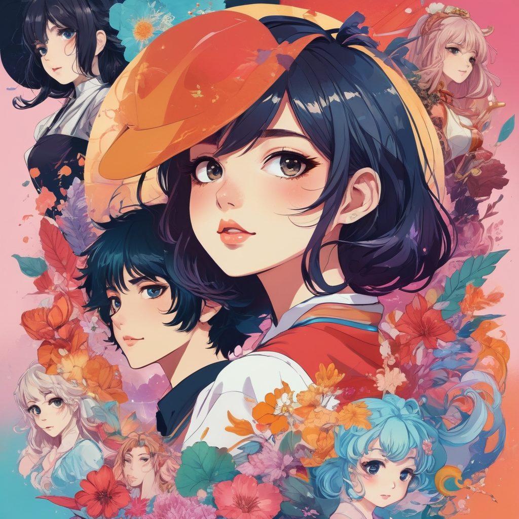 A whimsical and colorful collage featuring a diverse group of characters from various hentai styles, each showcasing different themes and moods, surrounded by playful and abstract shapes. Integrate elements of fantasy and allure, with soft lighting to evoke an intimate atmosphere. Include text banners with playful font that say 'Your Guide' and 'Explore Unique Finds'. anime-inspired. vibrant colors. dynamic composition.